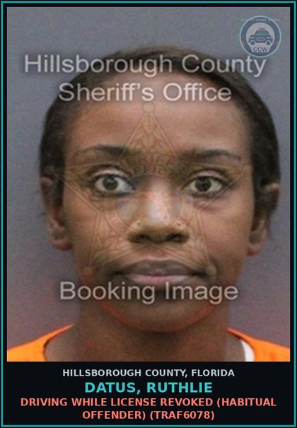 CCW arrest card for DATUS, RUTHLIE in Hillsborough County: DRIVING WHILE LICENSE REVOKED (HABITUAL OFFENDER) (TRAF6078)