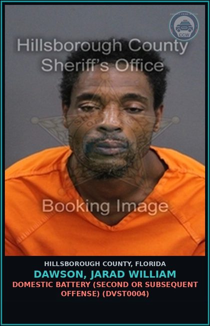 CCW arrest card for DAWSON, JARAD WILLIAM in Hillsborough County: DOMESTIC BATTERY (SECOND OR SUBSEQUENT OFFENSE) (DVST0004)