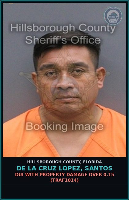 CCW arrest card for DE LA CRUZ LOPEZ, SANTOS in Hillsborough County: DUI WITH PROPERTY DAMAGE OVER 0.15 (TRAF1014)