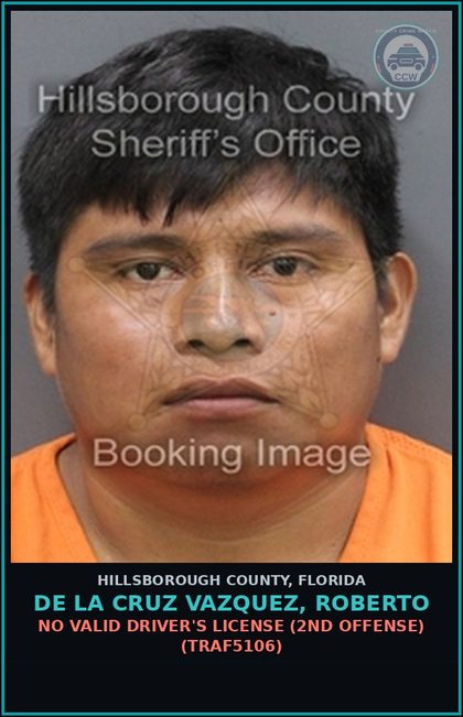 CCW arrest card for DE LA CRUZ VAZQUEZ, ROBERTO in Hillsborough County: NO VALID DRIVER'S LICENSE (2ND OFFENSE) (TRAF5106)