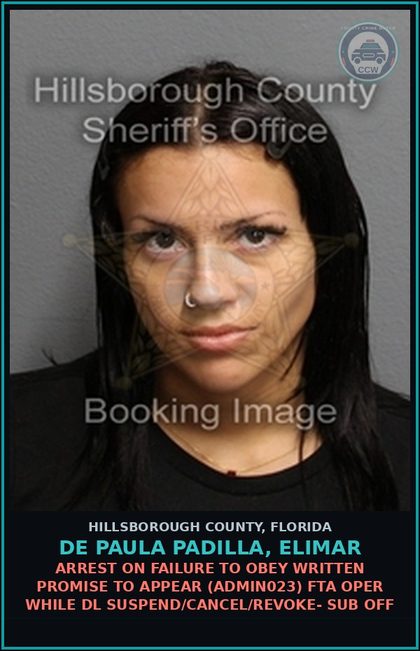 CCW arrest card for DE PAULA PADILLA, ELIMAR in Hillsborough County: ARREST ON FAILURE TO OBEY WRITTEN PROMISE TO APPEAR (ADMIN023) FTA OPER WHILE DL SUSPEND/CANCEL/REVOKE- SUB OFF