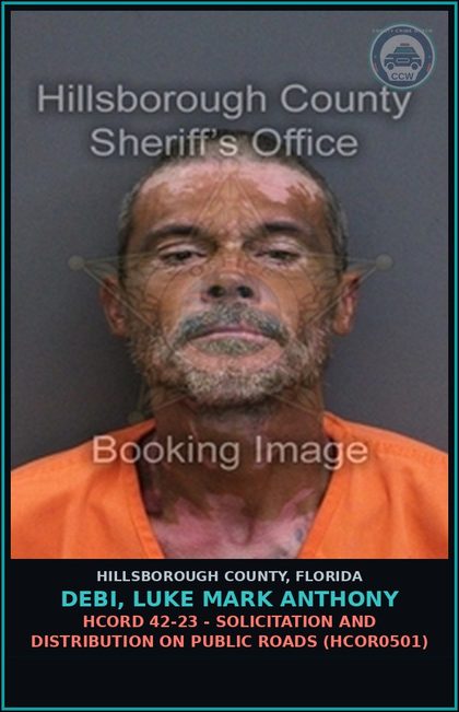 CCW arrest card for DEBI, LUKE MARK ANTHONY in Hillsborough County: HCORD 42-23 - SOLICITATION AND DISTRIBUTION ON PUBLIC ROADS (HCOR0501)