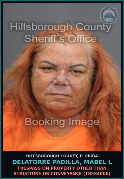 CCW arrest card for DELATORRE PADILLA, MABEL L in Hillsborough County: TRESPASS ON PROPERTY OTHER THAN STRUCTURE OR CONVEYANCE (TRES4006)