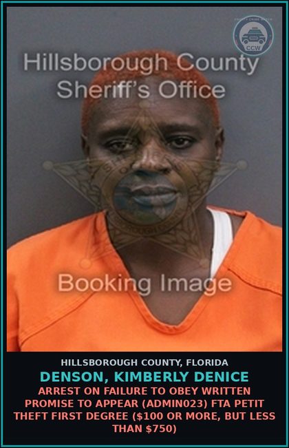 CCW arrest card for DENSON, KIMBERLY DENICE in Hillsborough County: ARREST ON FAILURE TO OBEY WRITTEN PROMISE TO APPEAR (ADMIN023) FTA PETIT THEFT FIRST DEGREE ($100 OR MORE, BUT LESS THAN $750)