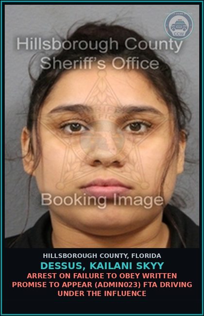 CCW arrest card for DESSUS, KAILANI SKYY in Hillsborough County: ARREST ON FAILURE TO OBEY WRITTEN PROMISE TO APPEAR (ADMIN023) FTA DRIVING UNDER THE INFLUENCE