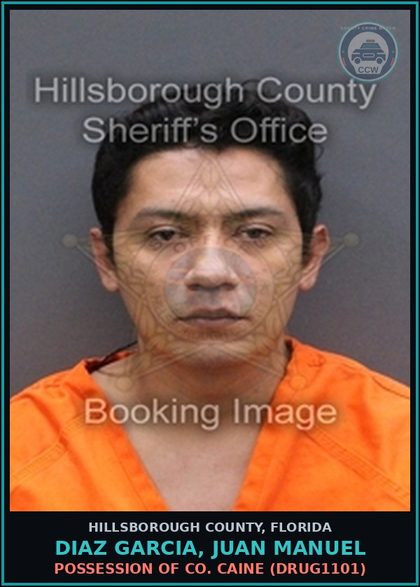 CCW arrest card for DIAZ GARCIA, JUAN MANUEL in Hillsborough County, Florida: POSSESSION OF COCAINE (DRUG1101)