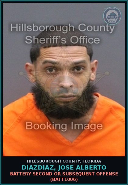 CCW arrest card for DIAZDIAZ, JOSE ALBERTO in Hillsborough County: BATTERY SECOND OR SUBSEQUENT OFFENSE (BATT1006)