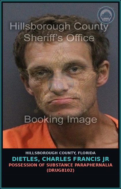 CCW arrest card for DIETLES, CHARLES FRANCIS JR in Hillsborough County: POSSESSION OF DRUG PARAPHERNALIA (DRUG8102)