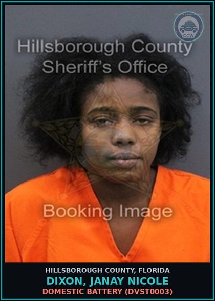 CCW arrest card for DIXON, JANAY NICOLE in Hillsborough County: DOMESTIC BATTERY (DVST0003)