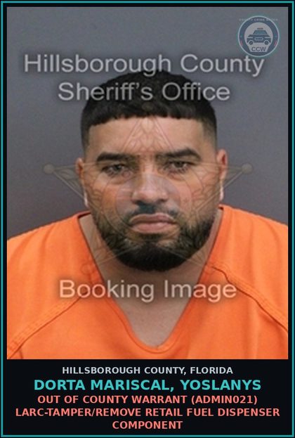 CCW arrest card for DORTA MARISCAL, YOSLANYS in Hillsborough County: OUT OF COUNTY WARRANT (ADMIN021) LARC-TAMPER/REMOVE RETAIL FUEL DISPENSER COMPONENT