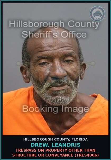 CCW arrest card for DREW, LEANDRIS in Hillsborough County: TRESPASS ON PROPERTY OTHER THAN STRUCTURE OR CONVEYANCE (TRES4006)