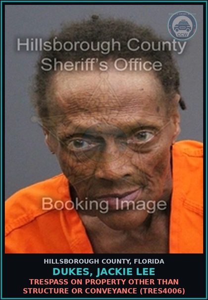 CCW arrest card for DUKES, JACKIE LEE in Hillsborough County: TRESPASS ON PROPERTY OTHER THAN STRUCTURE OR CONVEYANCE (TRES4006)