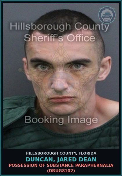 CCW arrest card for DUNCAN, JARED DEAN in Hillsborough County: POSSESSION OF DRUG PARAPHERNALIA (DRUG8102)