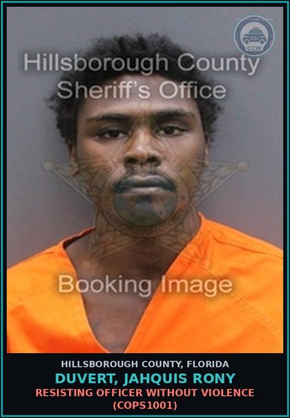CCW arrest card for DUVERT, JAHQUIS RONY in Hillsborough County: RESISTING OFFICER WITHOUT VIOLENCE (COPS1001)