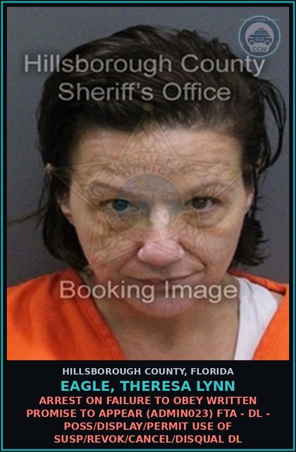 CCW arrest card for EAGLE, THERESA LYNN in Hillsborough County: ARREST ON FAILURE TO OBEY WRITTEN PROMISE TO APPEAR (ADMIN023) FTA - DL - POSS/DISPLAY/PERMIT USE OF SUSP/REVOK/CANCEL/DISQUAL DL