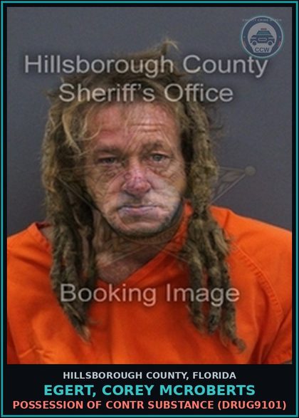 CCW arrest card for EGERT, COREY MCROBERTS in Hillsborough County: POSSESSION OF contr substance (DRUG9101)