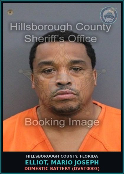 CCW arrest card for ELLIOT, MARIO JOSEPH in Hillsborough County: DOMESTIC BATTERY (DVST0003)