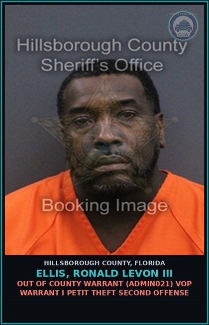 CCW arrest card for ELLIS, RONALD LEVON III in Hillsborough County: OUT OF COUNTY WARRANT (ADMIN021) VOP WARRANT I PETIT THEFT SECOND OFFENSE