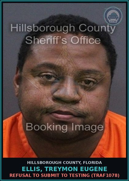 CCW arrest card for ELLIS, TREYMON EUGENE in Hillsborough County: REFUSAL TO SUBMIT TO TESTING (TRAF1078)