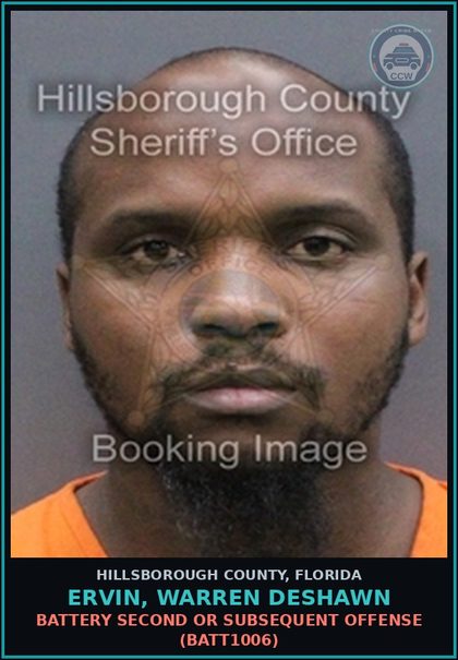 CCW arrest card for ERVIN, WARREN DESHAWN in Hillsborough County: ARREST ON FAILURE TO OBEY WRITTEN PROMISE TO APPEAR (ADMIN023) FTA OPER WHILE DL SUSP/CANCEL/REVOK