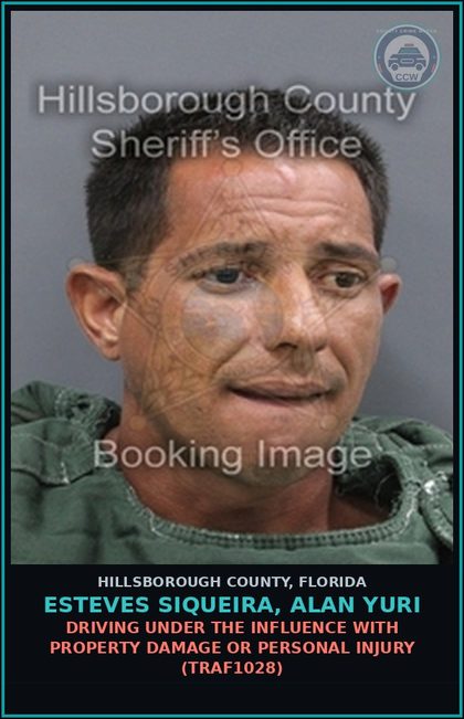 CCW arrest card for ESTEVES SIQUEIRA, ALAN YURI in Hillsborough County: DRIVING UNDER THE INFLUENCE WITH PROPERTY DAMAGE OR PERSONAL INJURY (TRAF1028)