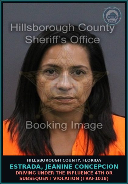 CCW arrest card for ESTRADA, JEANINE CONCEPCION in Hillsborough County: DRIVING UNDER THE INFLUENCE 4TH OR SUBSEQUENT VIOLATION (TRAF1018)