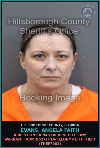 CCW arrest card for EVANS, ANGELA FAITH in Hillsborough County: ARREST ON CAPIAS OR BENCH FELONY WARRANT (ADMIN027) FTA-FELONY PETIT THEFT (THEF7002)