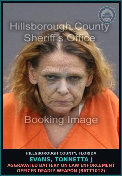 CCW arrest card for EVANS, TONNETTA J in Hillsborough County: AGGRAVATED BATTERY ON LAW ENFORCEMENT OFFICER DEADLY WEAPON (BATT1012)