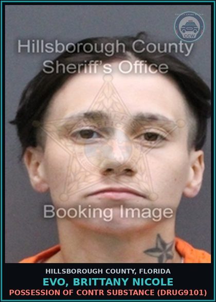 CCW arrest card for EVO, BRITTANY NICOLE in Hillsborough County: POSSESSION OF contr substance (DRUG9101)