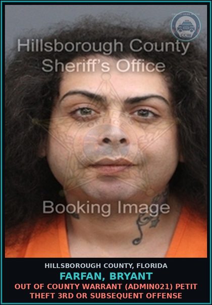 CCW arrest card for FARFAN, BRYANT in Hillsborough County: OUT OF COUNTY WARRANT (ADMIN021) PETIT THEFT 3RD OR SUBSEQUENT OFFENSE