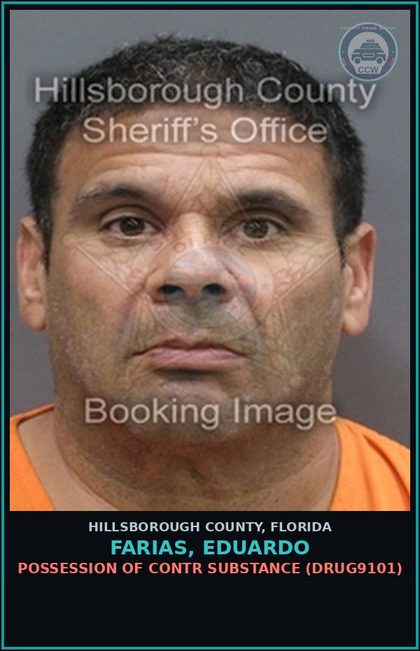 CCW arrest card for FARIAS, EDUARDO in Hillsborough County: POSSESSION OF contr substance (DRUG9101)