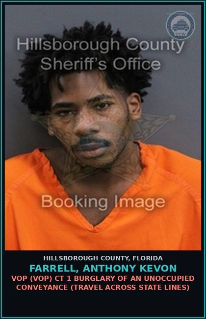 CCW arrest card for FARRELL, ANTHONY KEVON in Hillsborough County: VOP (VOP) CT 1 BURGLARY OF AN UNOCCUPIED CONVEYANCE (TRAVEL ACROSS STATE LINES)