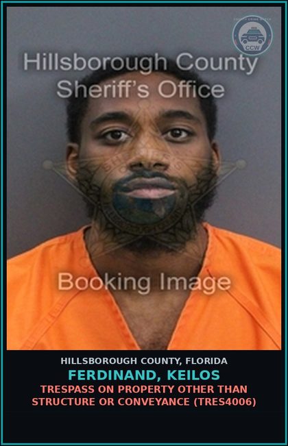 CCW arrest card for FERDINAND, KEILOS in Hillsborough County: TRESPASS ON PROPERTY OTHER THAN STRUCTURE OR CONVEYANCE (TRES4006)