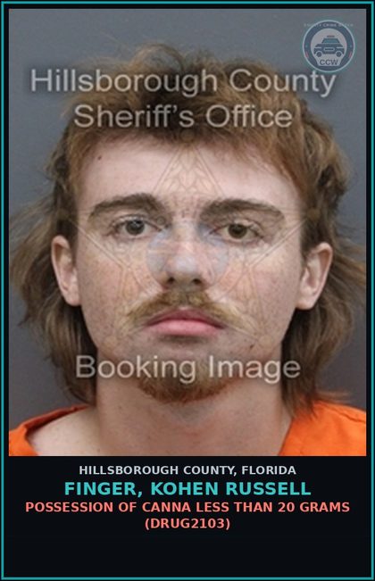 CCW arrest card for FINGER, KOHEN RUSSELL in Hillsborough County: POSSESSION OF Canna LESS THAN 20 GRAMS (DRUG2103)