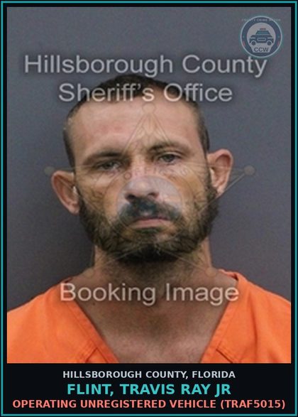 CCW arrest card for FLINT, TRAVIS RAY JR in Hillsborough County: OPERATING UNREGISTERED VEHICLE (TRAF5015)