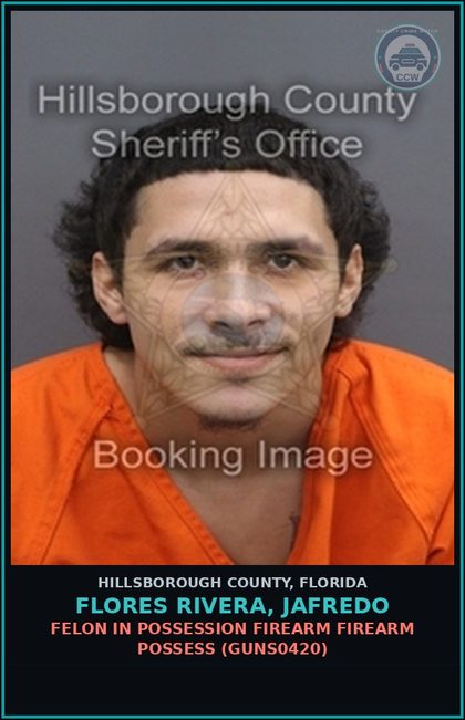 CCW arrest card for FLORES RIVERA, JAFREDO in Hillsborough County: FELON IN POSSESSION FIREARM FIREARM POSSESS (GUNS0420)