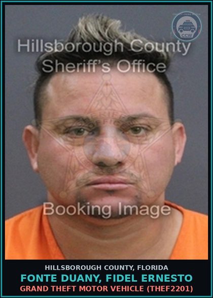 CCW arrest card for FONTE DUANY, FIDEL ERNESTO in Hillsborough County: GRAND THEFT MOTOR VEHICLE (THEF2201)