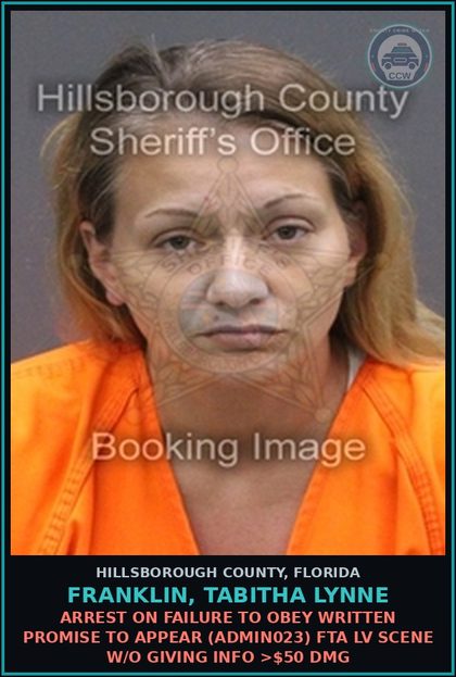 CCW arrest card for FRANKLIN, TABITHA LYNNE in Hillsborough County: ARREST ON FAILURE TO OBEY WRITTEN PROMISE TO APPEAR (ADMIN023) FTA LV SCENE W/O GIVING INFO >$50 DMG