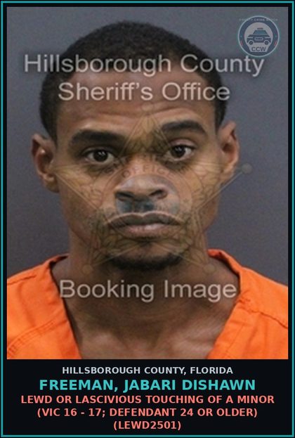 CCW arrest card for FREEMAN, JABARI DISHAWN in Hillsborough County: LEWD OR LASCIVIOUS TOUCHING OF A MINOR (VICTIM 16 - 17; DEFENDANT 24 OR OLDER) (LEWD2501)