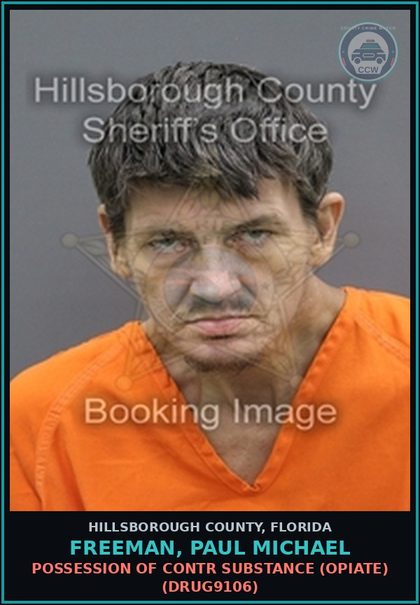 CCW arrest card for FREEMAN, PAUL MICHAEL in Hillsborough County: POSSESSION OF contr substance (OPIATE) (DRUG9106)