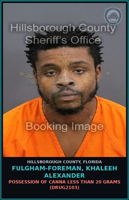 CCW arrest card for FULGHAM-FOREMAN, KHALEEH ALEXANDER in Hillsborough County: POSSESSION OF Canna LESS THAN 20 GRAMS (DRUG2103)