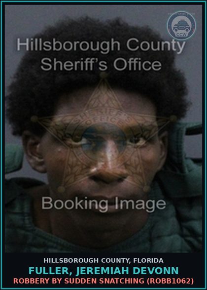 CCW arrest card for FULLER, JEREMIAH DEVONN in Hillsborough County: ROBBERY BY SUDDEN SNATCHING (ROBB1062)