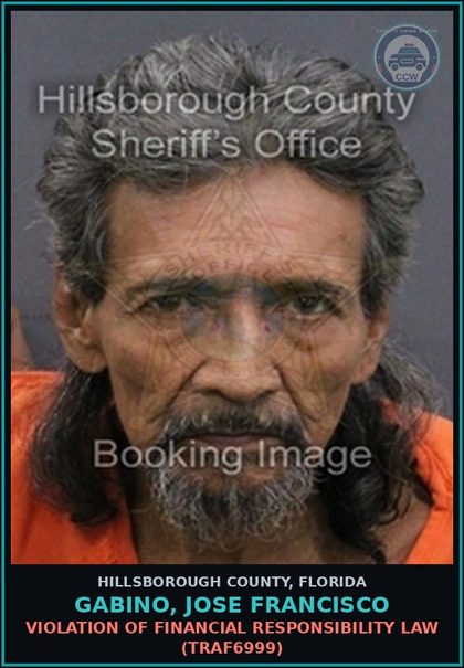 CCW arrest card for GABINO, JOSE FRANCISCO in Hillsborough County: VIOLATION OF FINANCIAL RESPONSIBILITY LAW (TRAF6999)