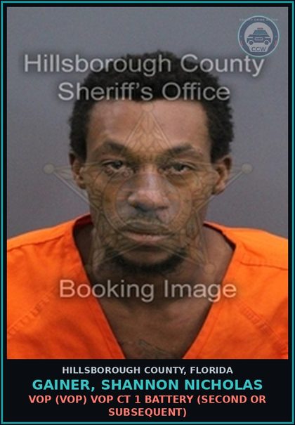 CCW arrest card for GAINER, SHANNON NICHOLAS in Hillsborough County, Florida: VOP (VOP) VOP CT 1 BATTERY (SECOND OR SUBSEQUENT)