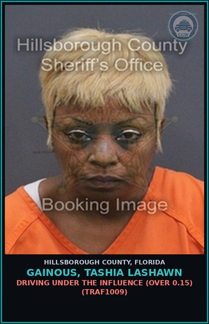 CCW arrest card for GAINOUS, TASHIA LASHAWN in Hillsborough County: DRIVING UNDER THE INFLUENCE (OVER 0.15) (TRAF1009)