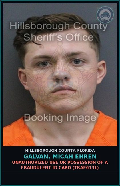 CCW arrest card for GALVAN, MICAH EHREN in Hillsborough County: UNAUTHORIZED USE OR POSSESSION OF A FRAUDULENT ID CARD (TRAF6131)