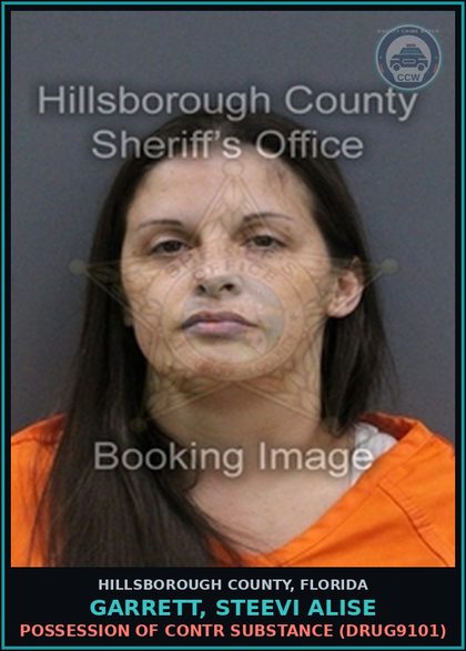 CCW arrest card for GARRETT, STEEVI ALISE in Hillsborough County: POSSESSION OF contr substance (DRUG9101)