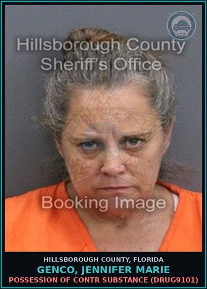 CCW arrest card for GENCO, JENNIFER MARIE in Hillsborough County: POSSESSION OF contr substance (DRUG9101)