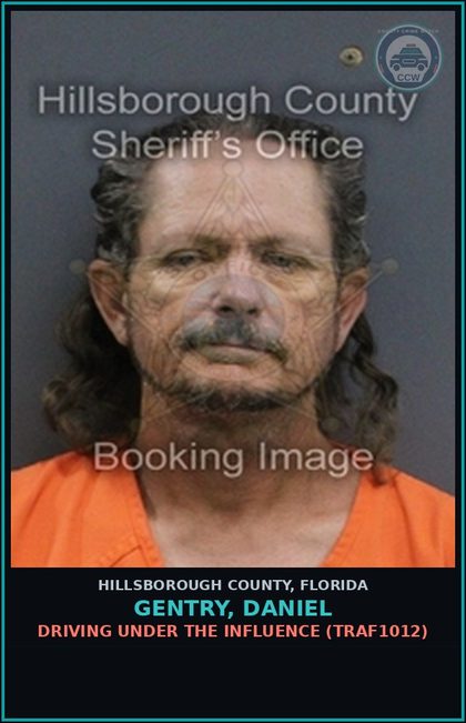 CCW arrest card for GENTRY, DANIEL in Hillsborough County: DRIVING UNDER THE INFLUENCE (TRAF1012)