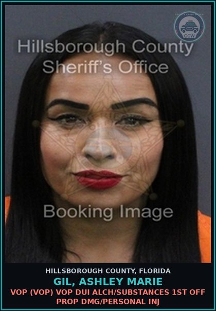 CCW arrest card for GIL, ASHLEY MARIE in Hillsborough County: VOP (VOP) VOP DUI ALCH/DRUGS 1ST OFF PROP DMG/PERSONAL INJ